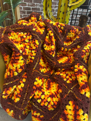 Vintage Grandmother's Handmade Crochet Afghan ~ Yellow/Brown/Orange/Burgundy Mix Oversized Granny Square - Queen Size