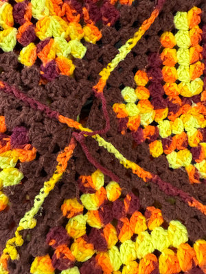 Vintage Grandmother's Handmade Crochet Afghan ~ Yellow/Brown/Orange/Burgundy Mix Oversized Granny Square - Queen Size
