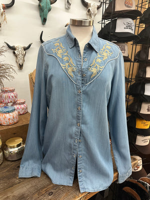 Memphis In The Meantime Embroidered Floral Western Yoke Denim Blouse