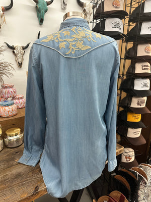 Memphis In The Meantime Embroidered Floral Western Yoke Denim Blouse
