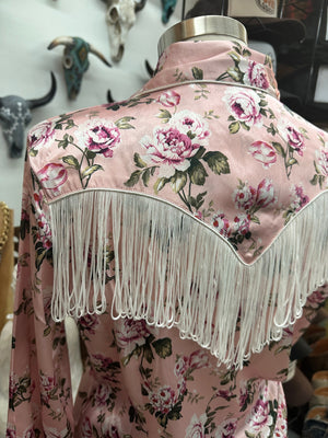 Rose of My Heart Fringe Satin Floral Print Pearl Snap Button Up Blouse
