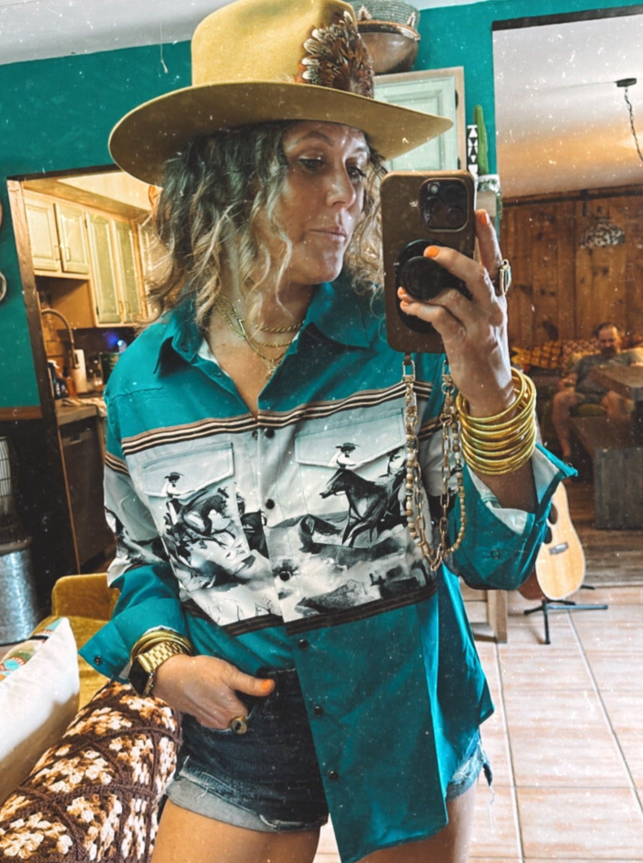 Thunder Rolls Retro Style Wild Horses Pearl Snap Button Up