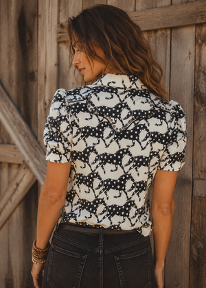 Dotty Cowgirl Horse Print Studded Pearl Snap Blouse