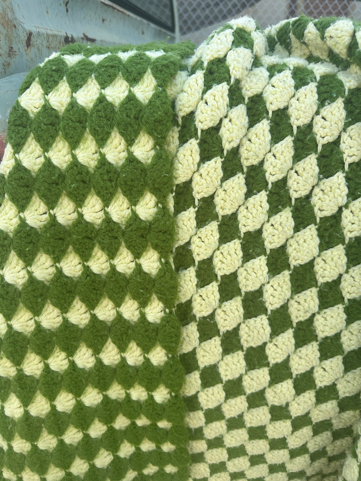 Vintage Grandmother's Handmade Crochet Afghan ~ Olive Green & Cream Reverse Diamond Design