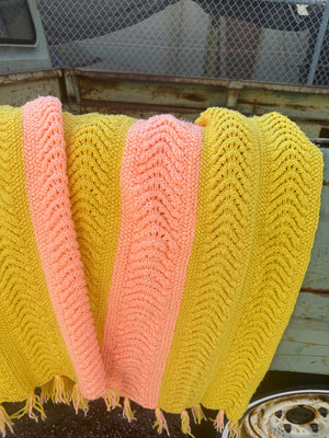 Vintage Grandmother's Handmade Crochet Afghan ~ Bright Yellow & Salmon Pink Thick Stripe Design