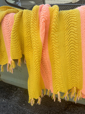 Vintage Grandmother's Handmade Crochet Afghan ~ Bright Yellow & Salmon Pink Thick Stripe Design