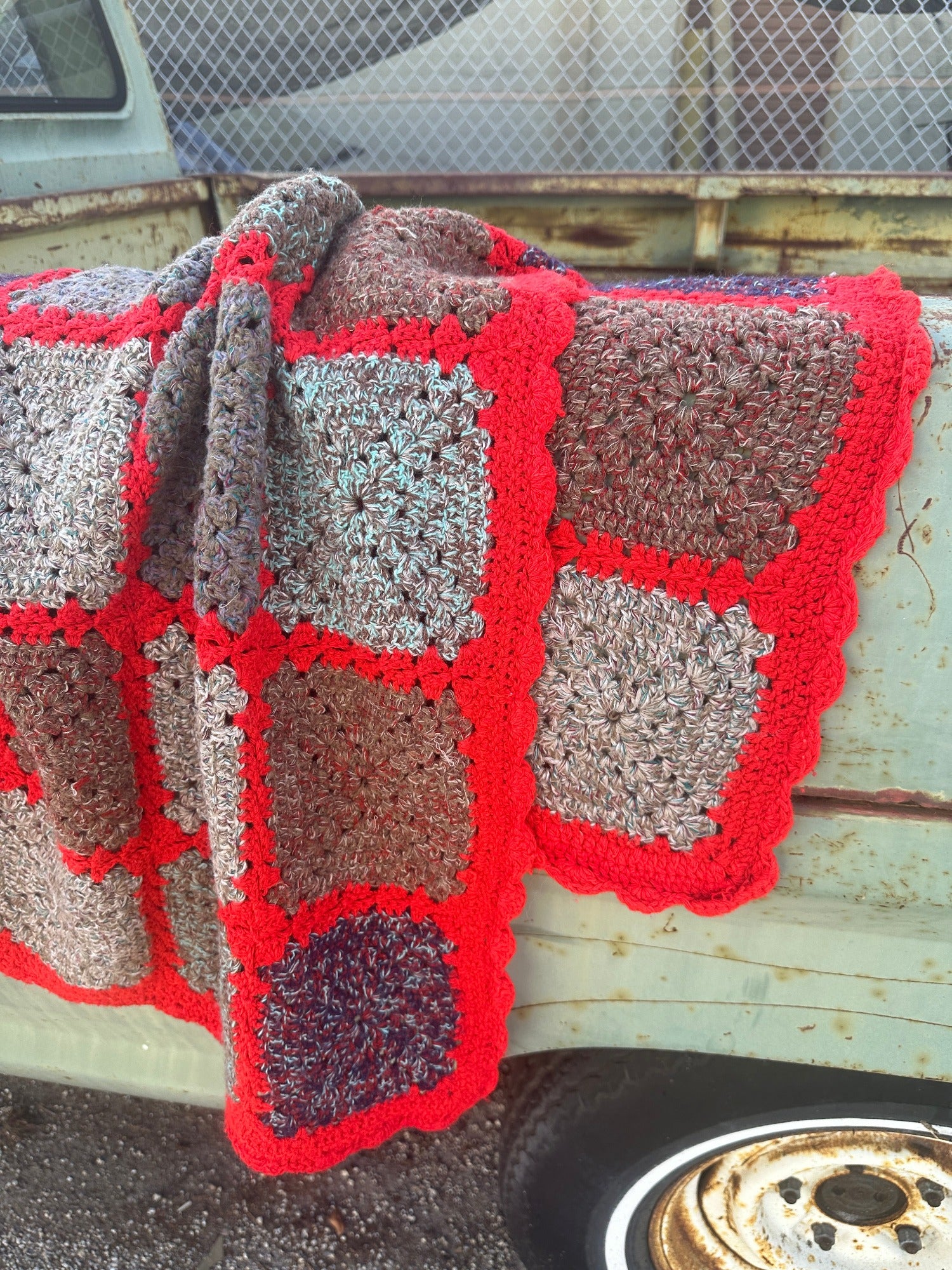 Vintage Grandmother's Handmade Crochet Afghan ~ Red Trim Multi Color Square Design
