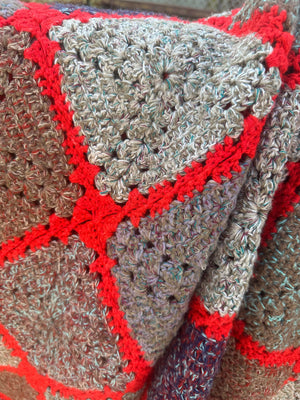 Vintage Grandmother's Handmade Crochet Afghan ~ Red Trim Multi Color Square Design