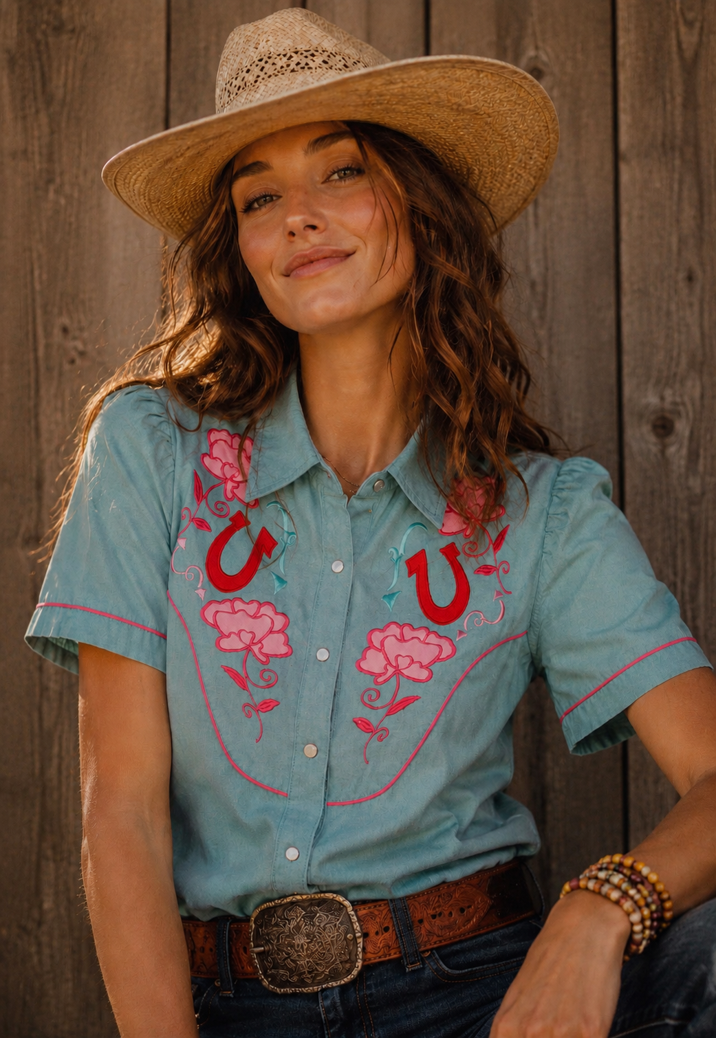 Rose Colored Glasses Denim Pearl Snap Blouse