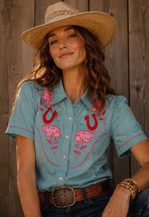 Rose Colored Glasses Denim Pearl Snap Blouse