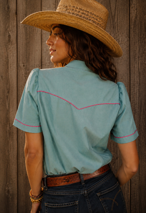 Rose Colored Glasses Denim Pearl Snap Blouse