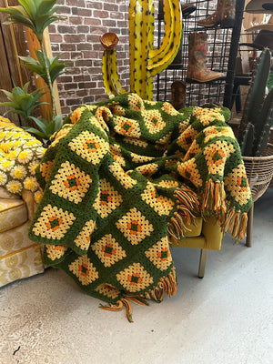Vintage Grandmother's Handmade Crochet Afghan ~ Olive/Orange/Beige