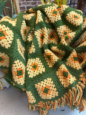 Vintage Grandmother's Handmade Crochet Afghan ~ Olive/Orange/Beige