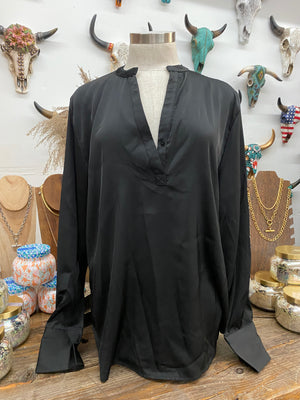 Long Sleeved Black Satin Blouse ~ Size XXL ~ Queen Bee's Closet #1206