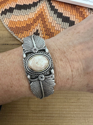 Feathers In The Wind White Buffalo Etched Silver Cuff Bracelet