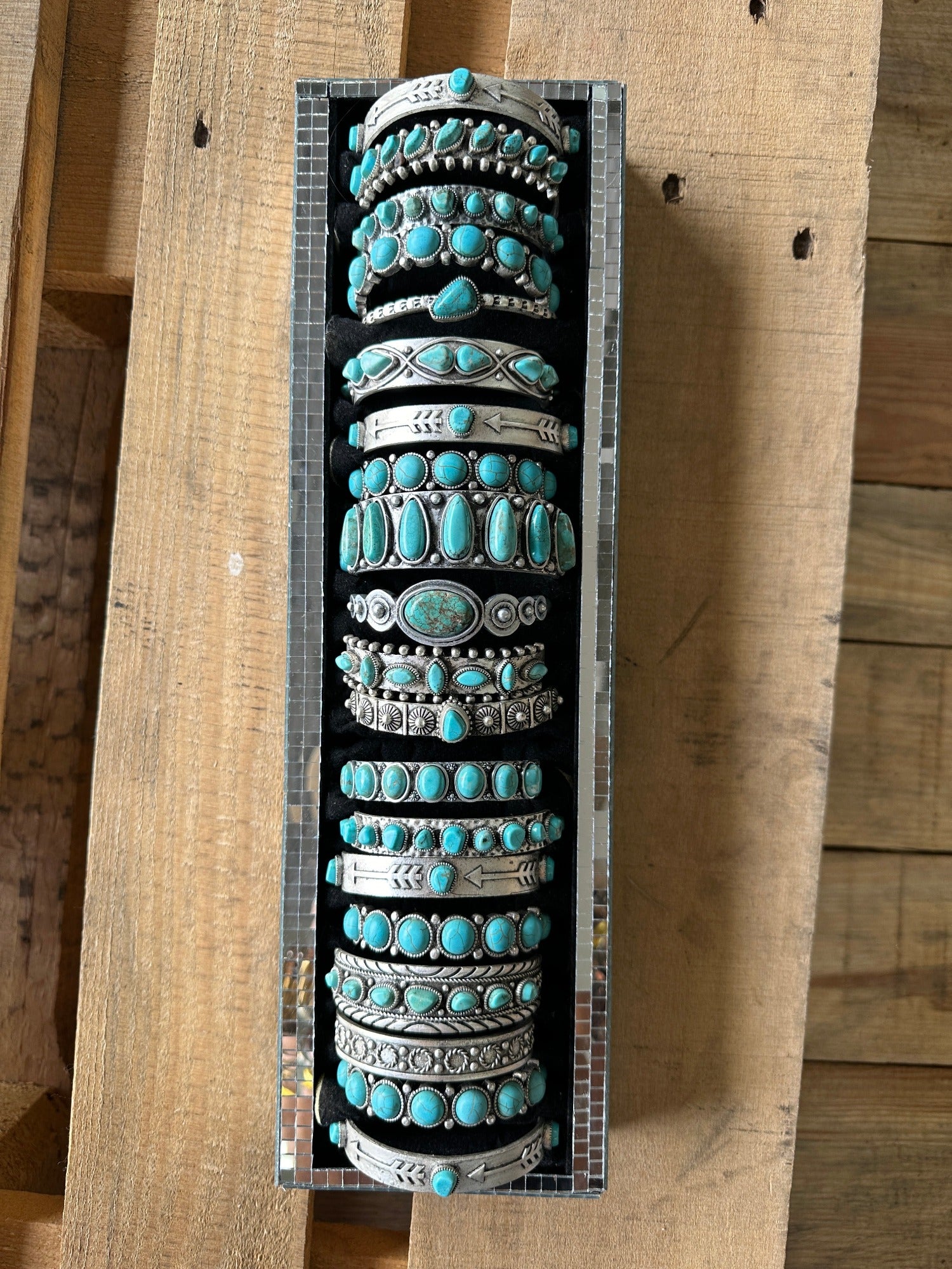 Stacker Queen Turquoise Stone Etched Silver Stacking Cuff Bracelets