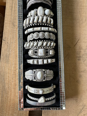 Stacker Queen White Buffalo Stone Etched Silver Stacking Cuff Bracelets