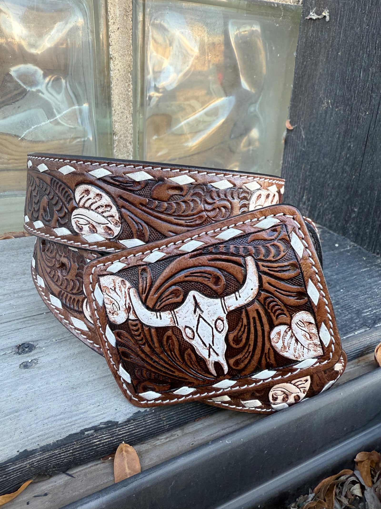 Saddle Stitched Tooled Western Leather Belt