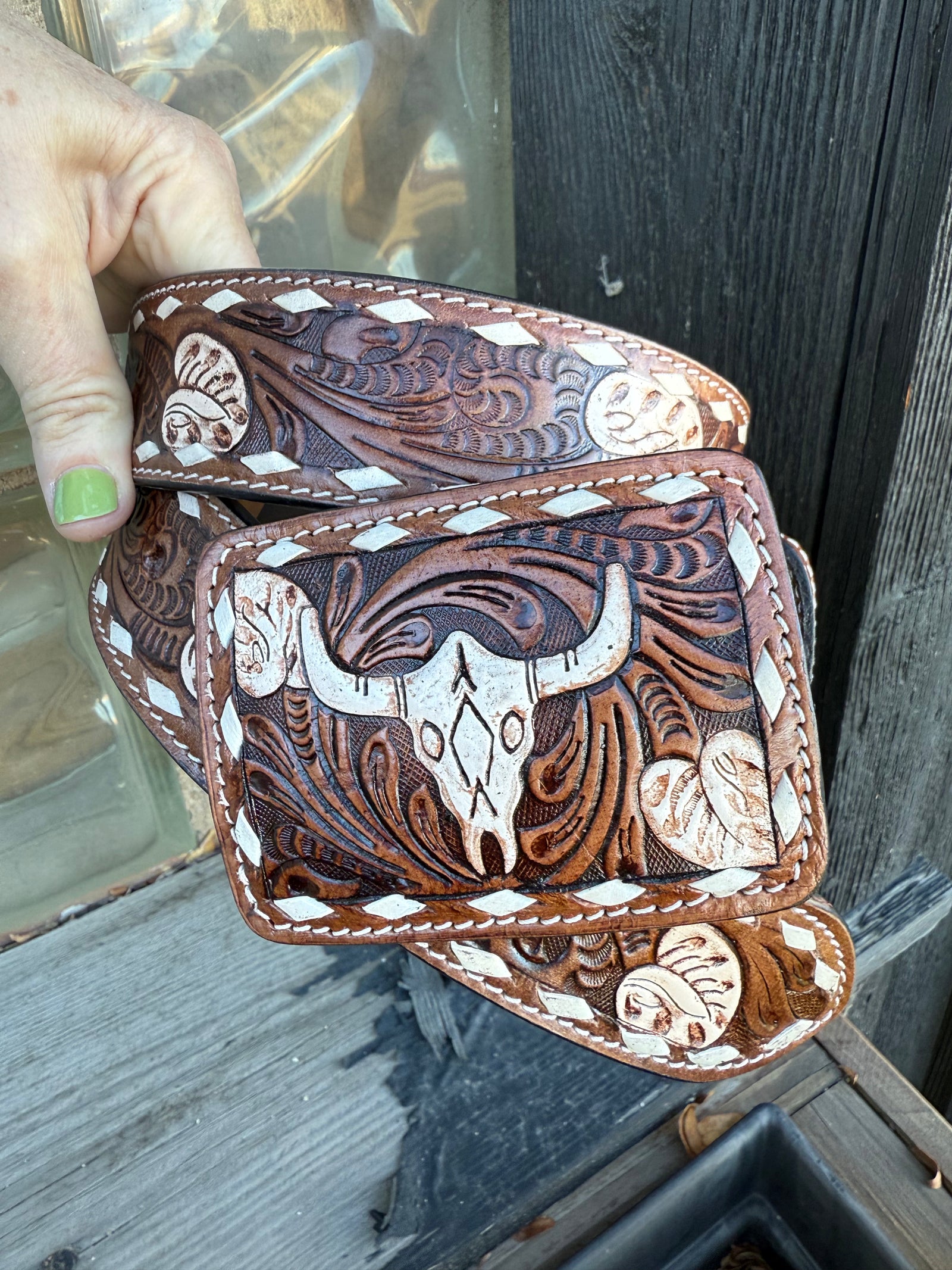 Saddle Stitched Tooled Western Leather Belt