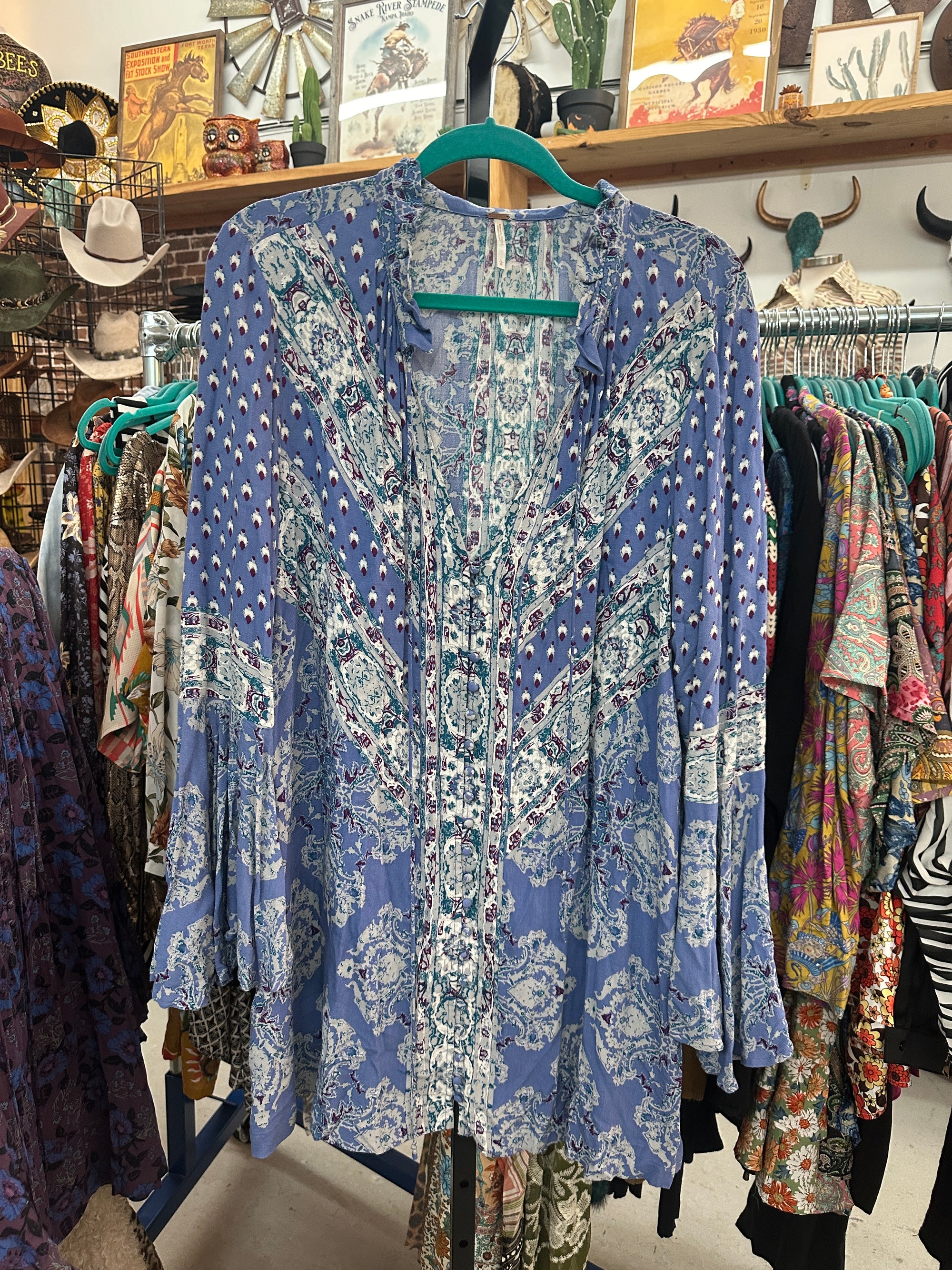 Free People Magic Mystery Tunic Dress &/or Top - Denim Blue/Burgundy Mix - Size Large