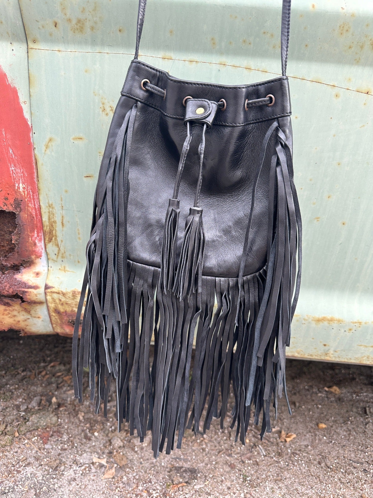 Byron Bay Soft Leather Fringe Cross Body Drawstring Festival