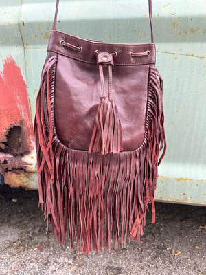Byron Bay Soft Leather Fringe Cross Body Drawstring Festival Bag
