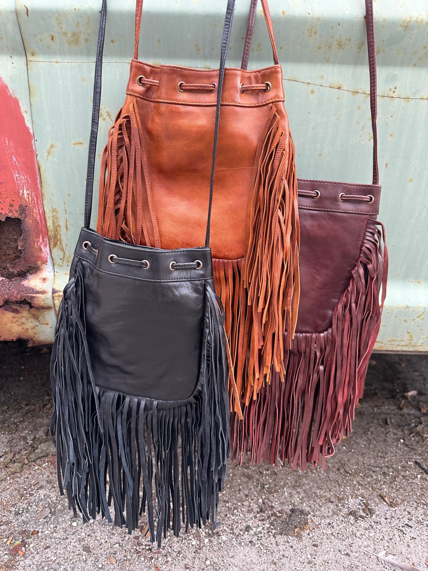 Byron Bay Soft Leather Fringe Cross Body Drawstring Festival Bag Chestnut