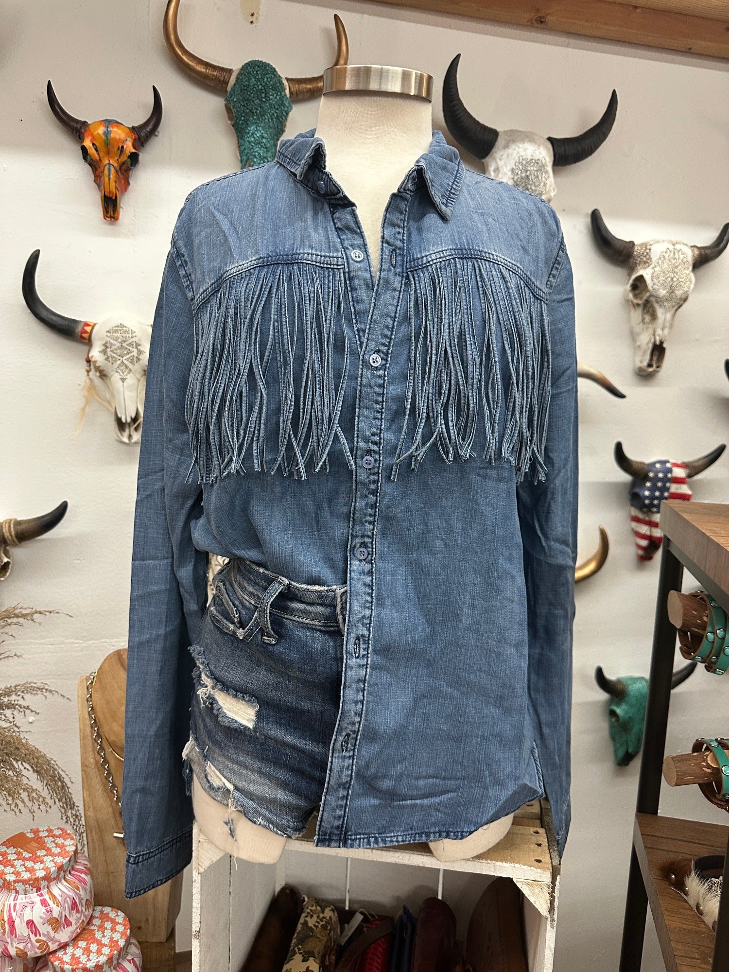 Captivate Western Style Fringe Front Denim Blouse (DS) - Lil
