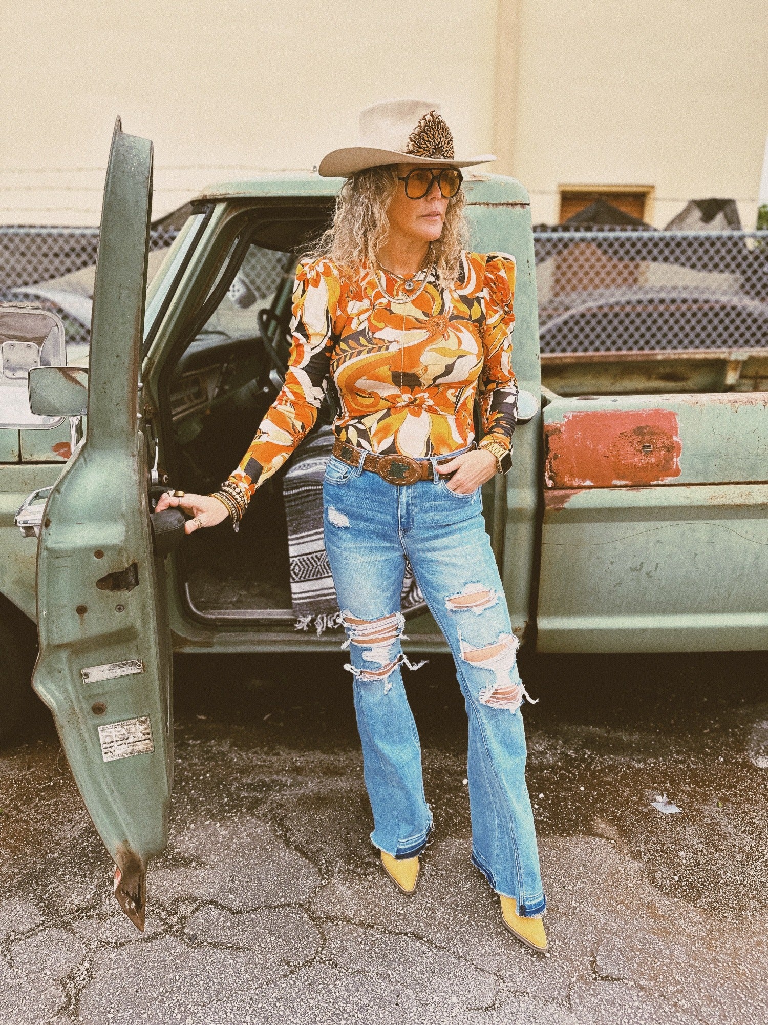 Canyon Sunshine Retro Floral Printed Mesh Bodysuit