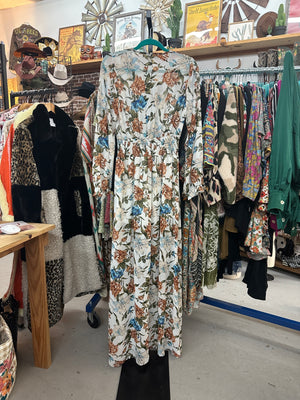 Vintage Floral Long Sleeve Maxi Dress - Size Large
