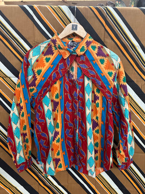 Rodeo Western Wear Bold Aztec Print Key Hole Front Button Up Bouse - Size 2X - 8/10/12