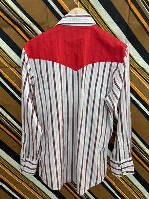 Chute #1 Classic Red & White Striped Western Yoke Vintage Pearl Snap Button Up - Men's Medium/Women's 8/10/12