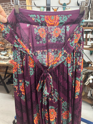 Free People Embroidered Satin Floral Serenity Wide Leg Jumpsuit - Purple Mix - Large 12/14/16/18