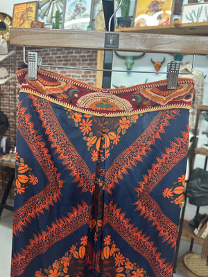 Free People Embroidered Satin Floral Serenity Wide Leg Jumpsuit - Navy/Orange Mix - Large 12/14/16/18
