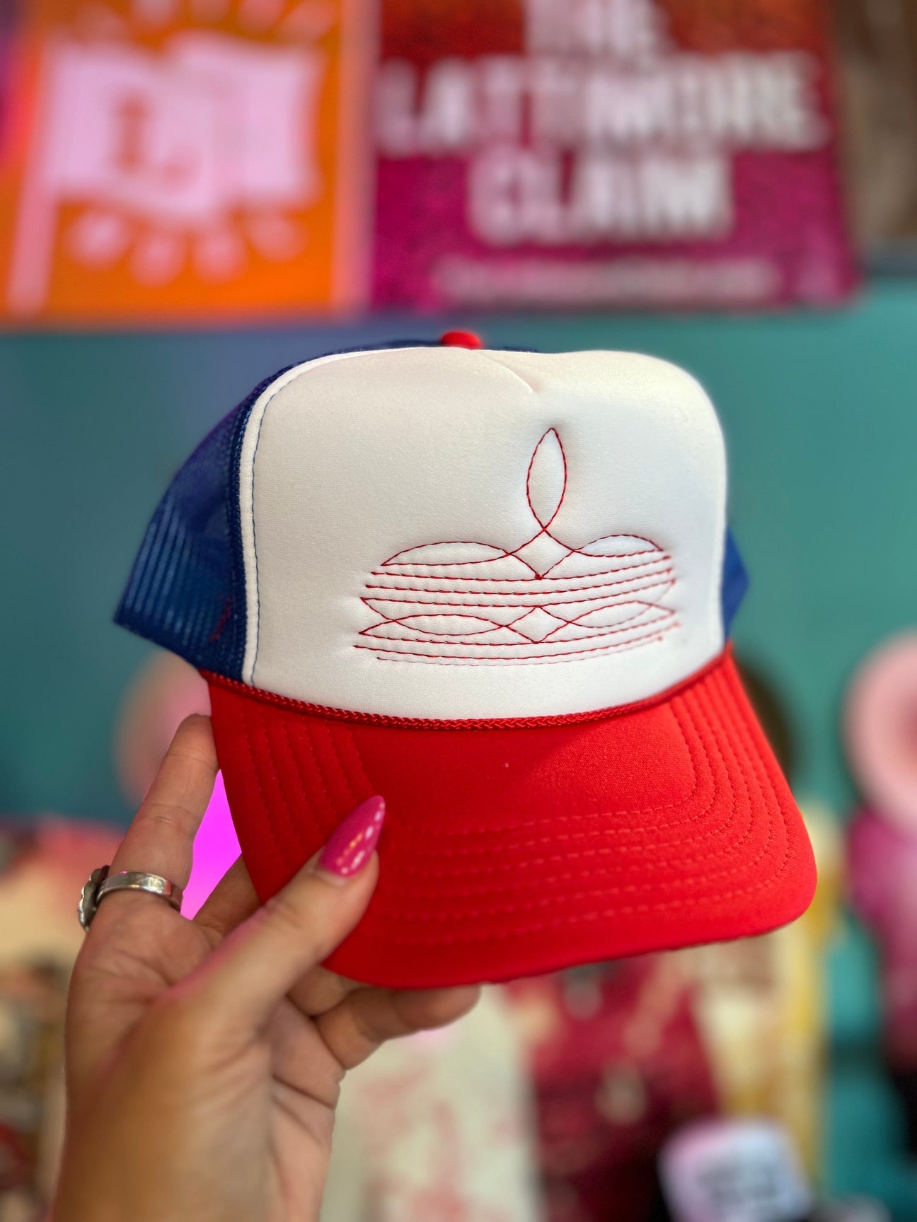 Embroidered Western Boot Stitch Trucker Hats (made to order 
