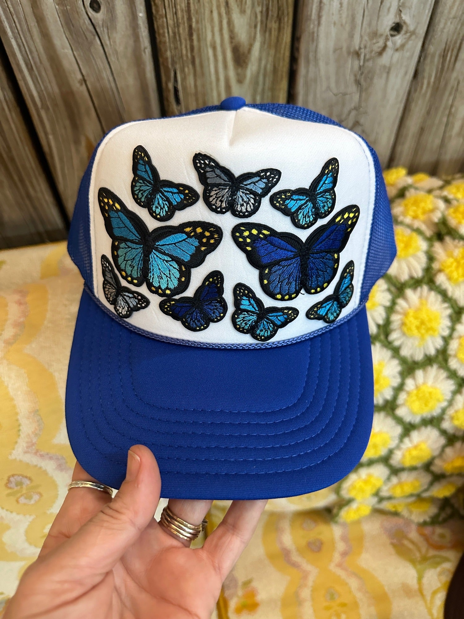Silky Blue and Brown Butterfly Patch Hat Flutter On By Custom Butterfly Patch Trucker Hat (made to  main image 3