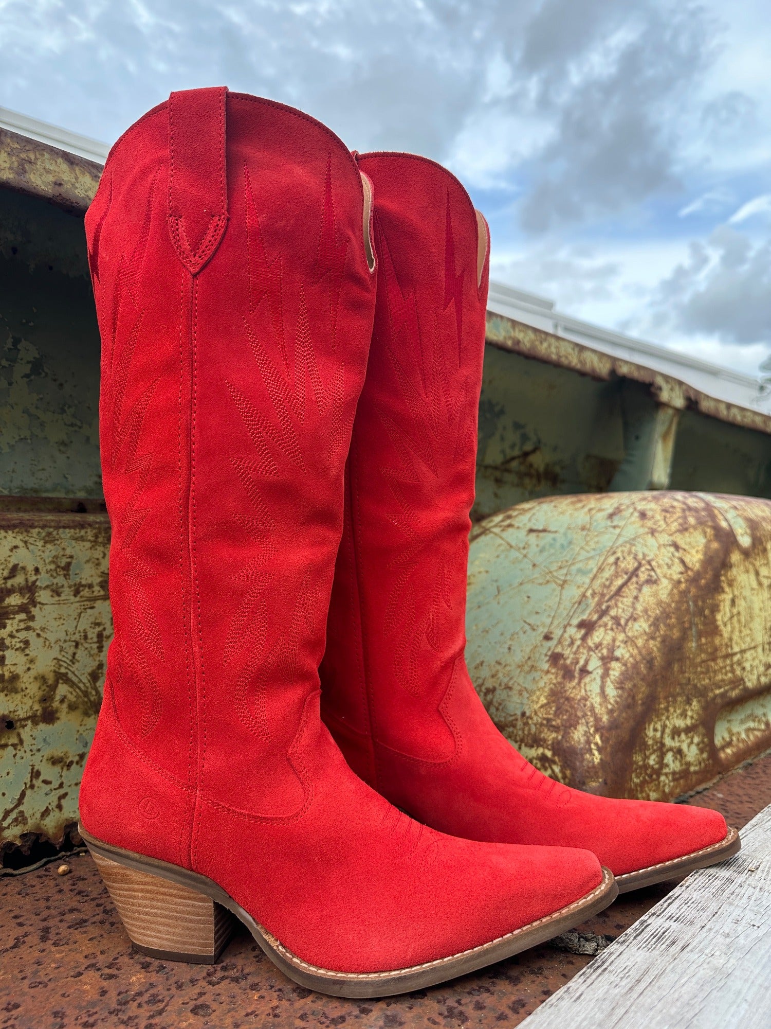 Thunder Road Red Suede Lightning Bolt Leather Boots (DS) - BACKORDER July 2024