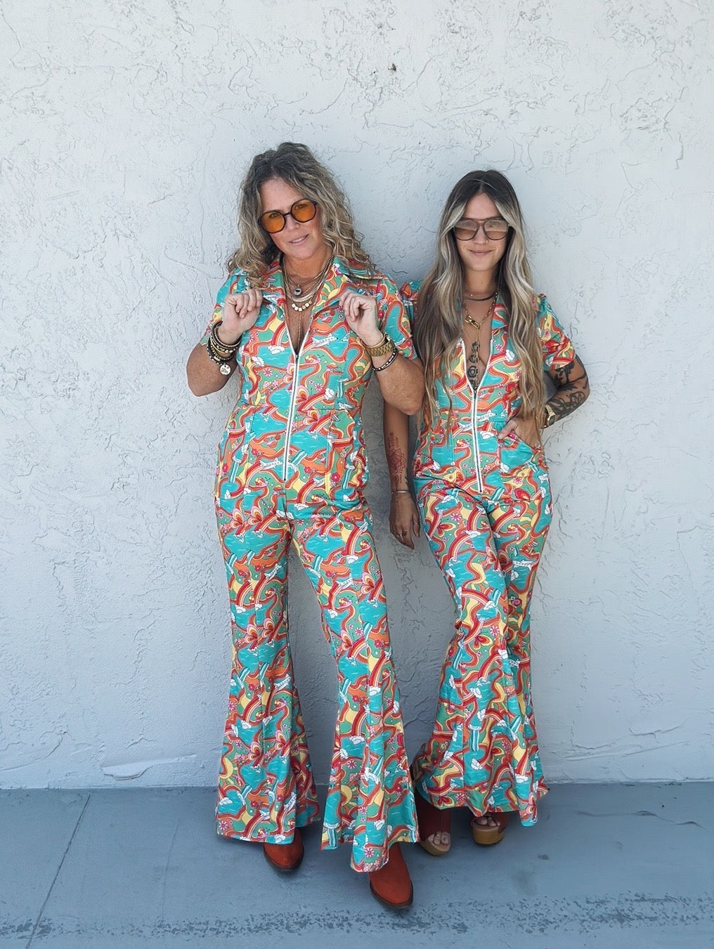 Sunshine & Rain Retro Rainbow Print Flare Jumpsuit