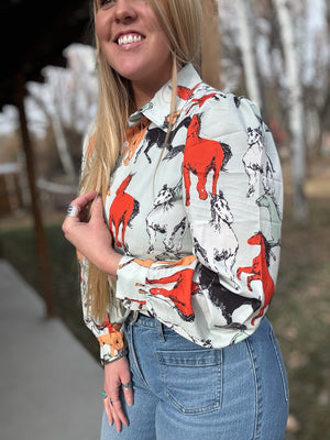 Off To The Races Horse Print Blouse