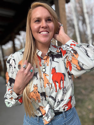 Off To The Races Horse Print Blouse