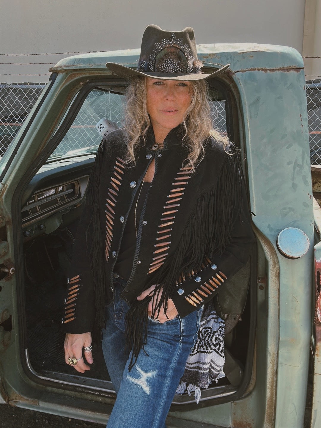 Desperado Beaded Fringe Leather Jacket ~ Black (DS)