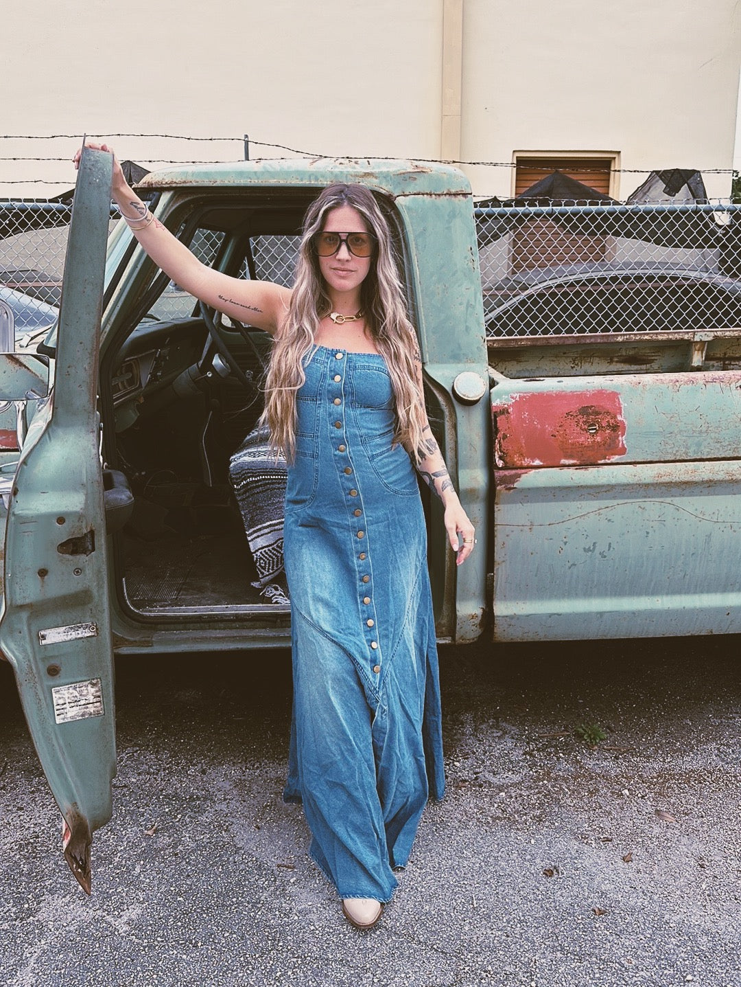 Right Down The Line Button Front Denim Maxi Dress