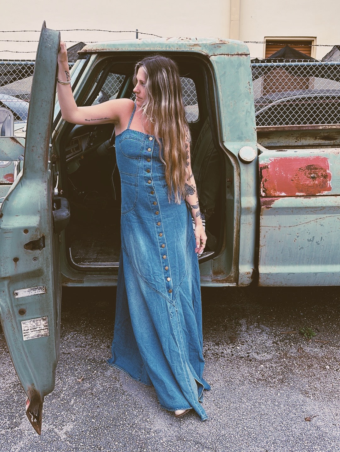 Right Down The Line Button Front Denim Maxi Dress