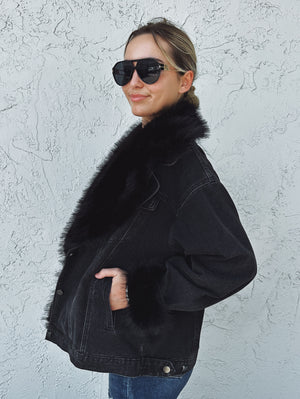 Sugar Momma Back In Black Fur Trim & Denim Jacket