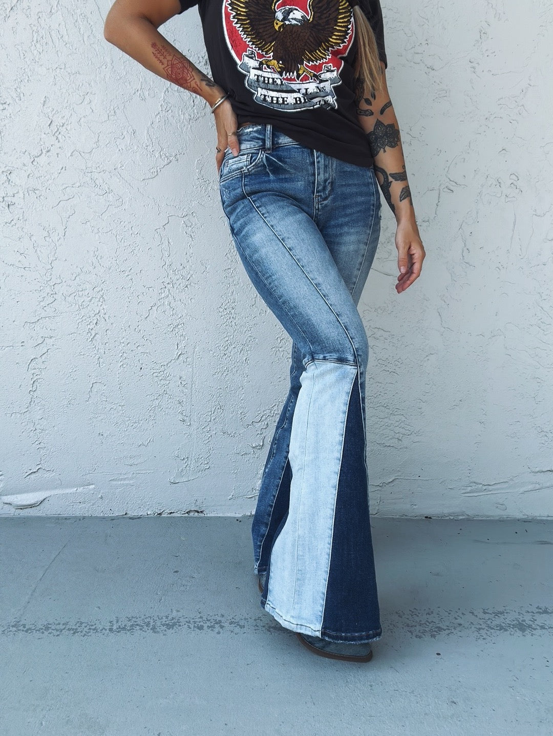 Take Me Back High Rise Patchwork Panel Denim Super Flare Jeans