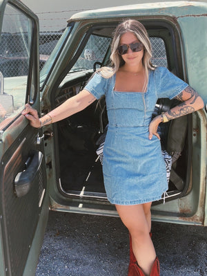 Good Bad Girl Denim Puff Sleeve Mini Dress