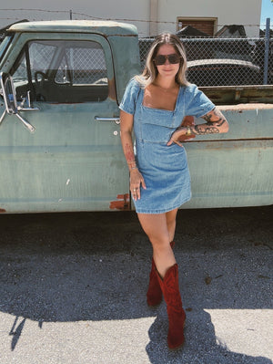 Good Bad Girl Denim Puff Sleeve Mini Dress