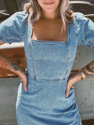 Good Bad Girl Denim Puff Sleeve Mini Dress