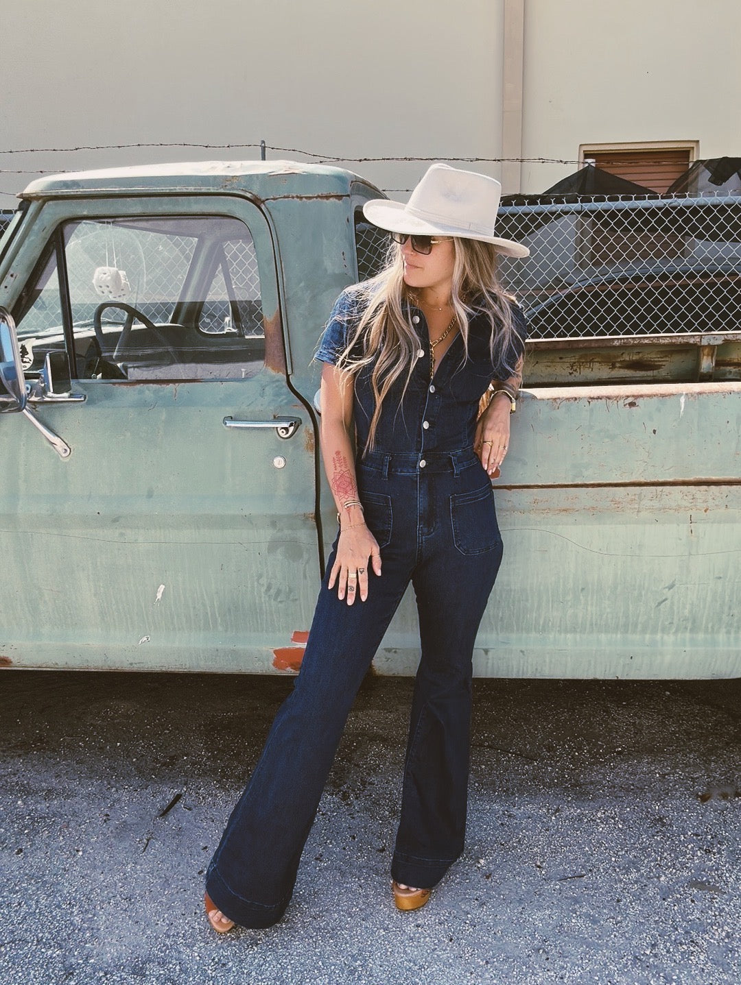 Don't Rock The Jukebox Denim Bell Bottom Jumpsuit