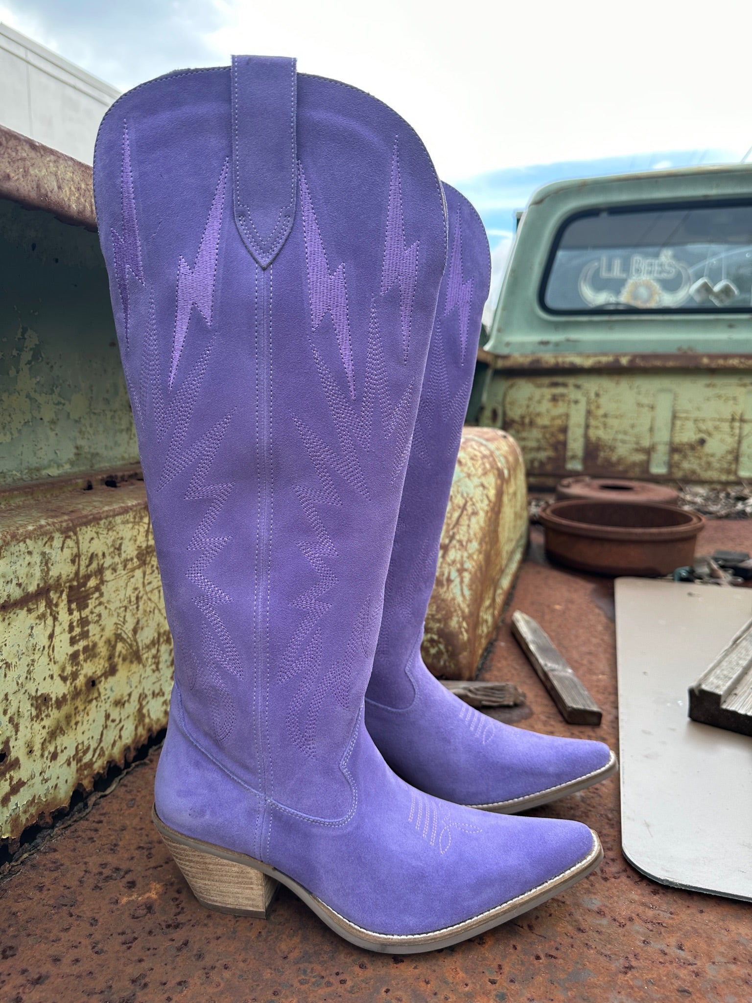Thunder Road Periwinkle Suede Lightning Bolt Leather Boots (DS) ~ BACKORDER 3/1/24
